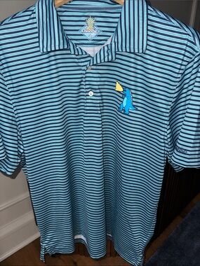 Chubbies Teal and Navy Striped Polo with Playful Fish Patch